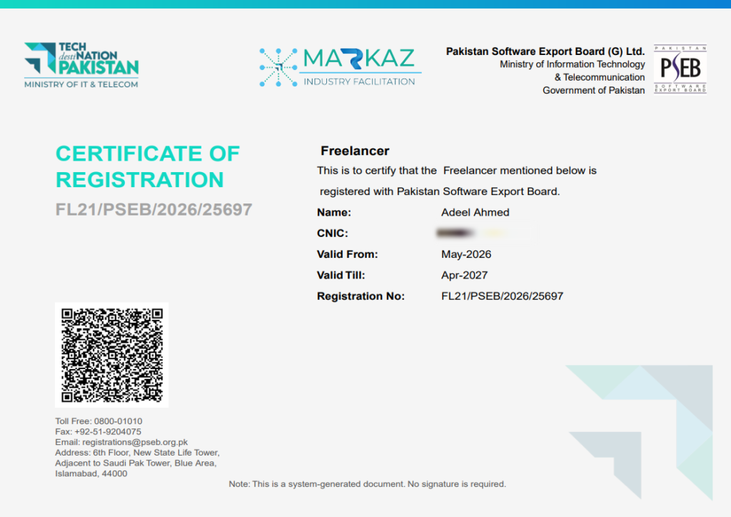 PSEB Freelancer Certificate